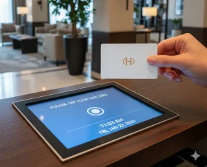 Hotel keycard held above a check-in display module with an integrated NFC interface