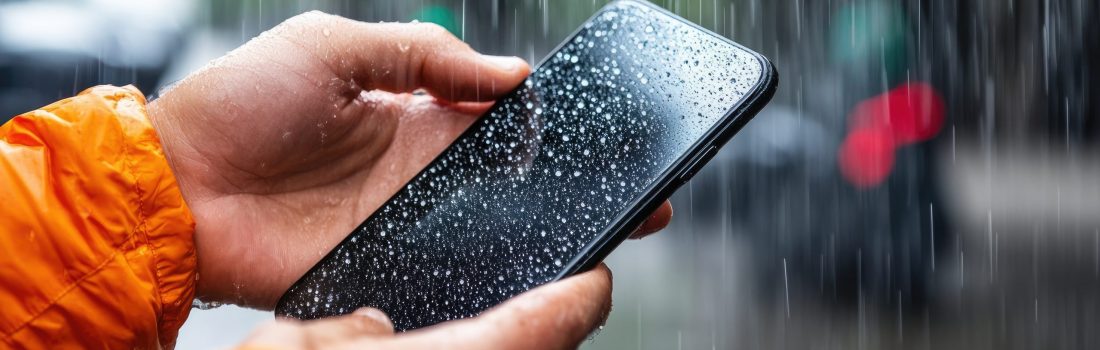 A person holds a smartphone in the rain, showcasing water droplets on the screen, highlighting technology and weather.