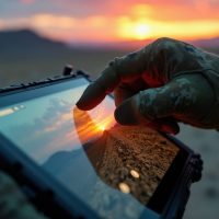 Person in camo clothing uses tablet device in desert landscape at sunset. Finger touches screen displaying aerial, view of terrain. Technology for field operations.