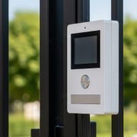Close-up of a white smart intercom with a screen and speaker, attached to a black metal fence, with a blurred background of greenery and a building.