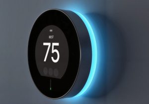 Smart thermostat display showing cooling mode, modern design concept