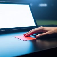 Human hand reaches out to touch a vibrant red card placed on a dark sleek desk beside a glowing monitor