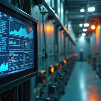 Industrial control cabinet shows digital screen with data graphs, analytics. Modern factory machinery corridor displays info. System monitors process flow, ensuring efficient operations, tech smart