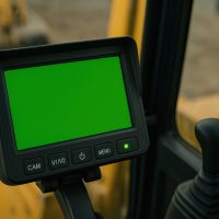 Modern Construction Equipment Digital Display Screen Inside a Yellow Excavator Cab