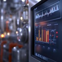 Computer screen displaying charts and graphs for real time monitoring and analysis of machinery and processes in an industrial factory, boosting efficiency and productivity