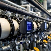 Complex piping system with gauges, valves, and industrial equipment in a bright, clean facility