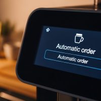 Close-up of a sleek coffee machine touchscreen interface displaying automatic order options in a contemporary kitchen setting with warm lighting, ideal for coffee shop marketing.