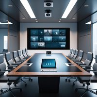 Futuristic Conference Room: A modern conference room equipped with the latest technology for business presentations and video conferencing. Generative AI