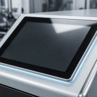 Industrial touchscreen panel sits on a stainless control unit in a clean factory environment, the blank display and blurred background offer clear copyspace for branding, labels, or user interface mockups