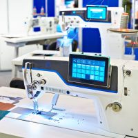 Industrial sewing machine with double chain stitch flat platform, digital programmable drive unit for use on medium fabrics