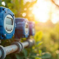 Blue digital water meter installed on pipe. Outdoor setting with green foliage, bright sunlight. Device shows readings on LCD screen with buttons for control. Essential for water measurement