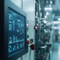 Futuristic control panel displaying schematics, graphs, and key performance indicators in a modern automated factory, highlighting advanced manufacturing technology and process optimization