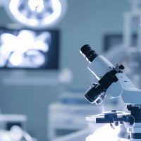 A close-up of a healthcare professional using a high-precision surgical microscope with a clean, bright operating room in the background, Precision style